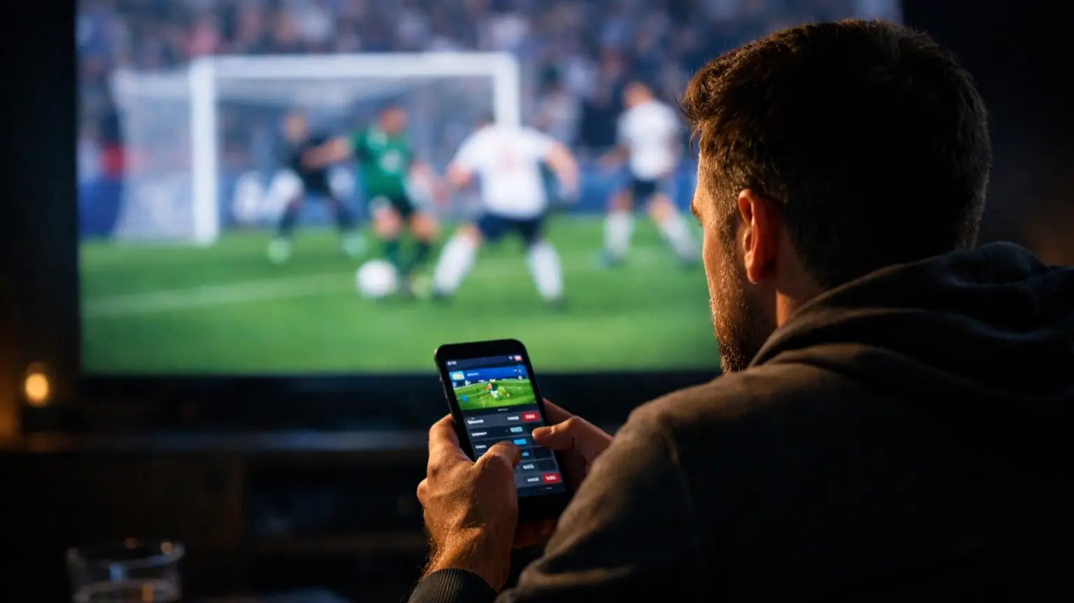 Live sázení na fotbalové zápasy - tablet s běžícím přenosem utkání a dynamickými kurzy, které se mění v reálném čase během zápasu